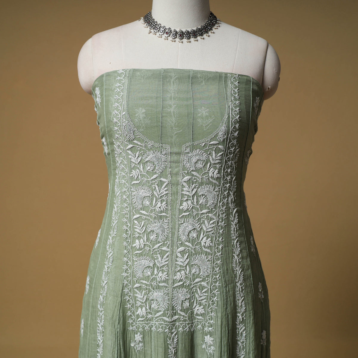 Lucknowi Chikankari Heavy Beadwork Mul Chanderi Semi Stitched Dress Material: Kurta with Dupatta 03