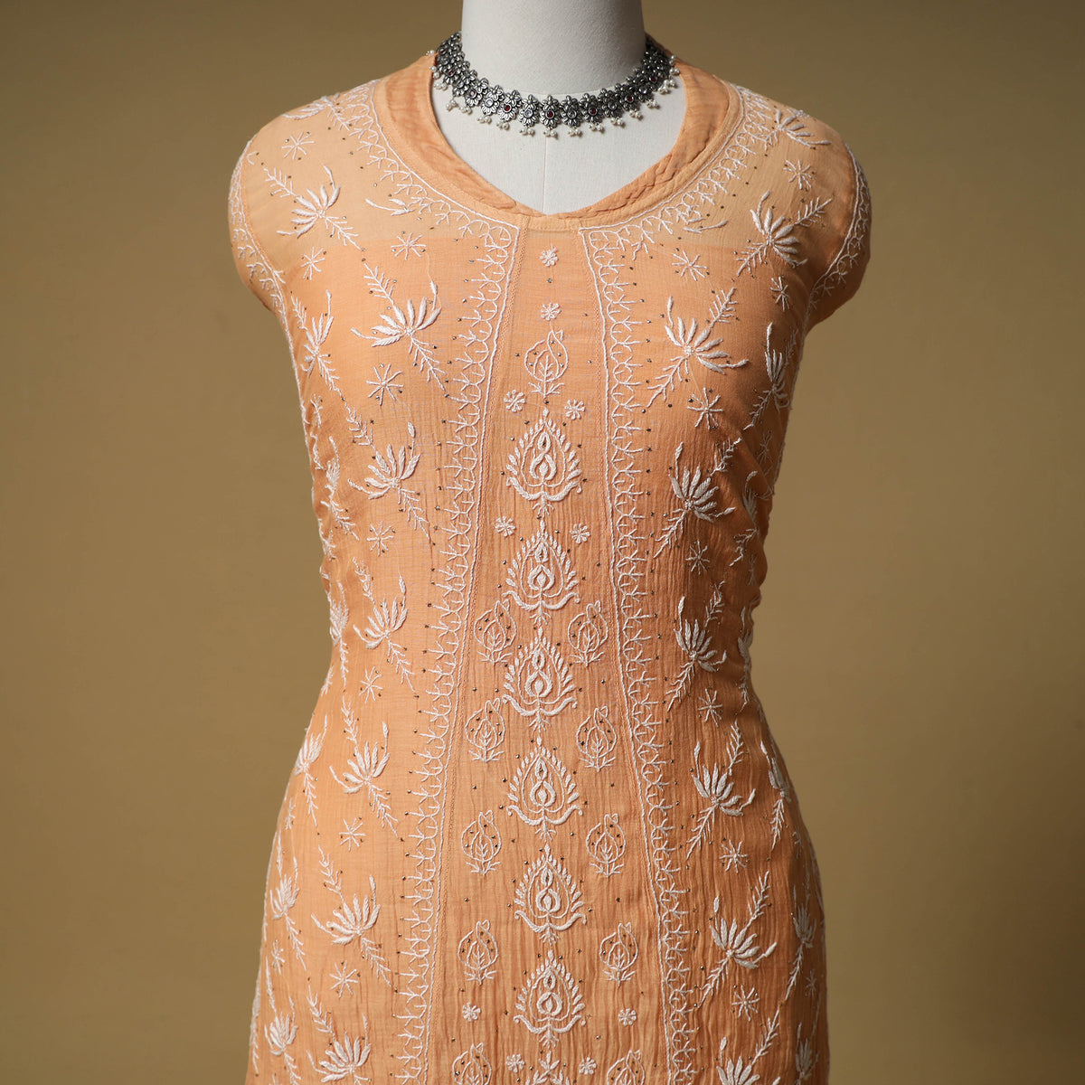 Lucknowi Chikankari Mukaish Work Mul Chanderi Semi Stitched Dress Material: Kurta with Dupatta 04