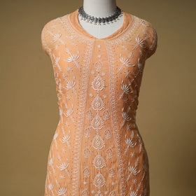 Lucknowi Chikankari Mukaish Work Mul Chanderi Semi Stitched Dress Material: Kurta with Dupatta 04