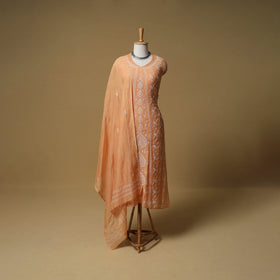 Lucknowi Chikankari Mukaish Work Mul Chanderi Semi Stitched Dress Material: Kurta with Dupatta 04
