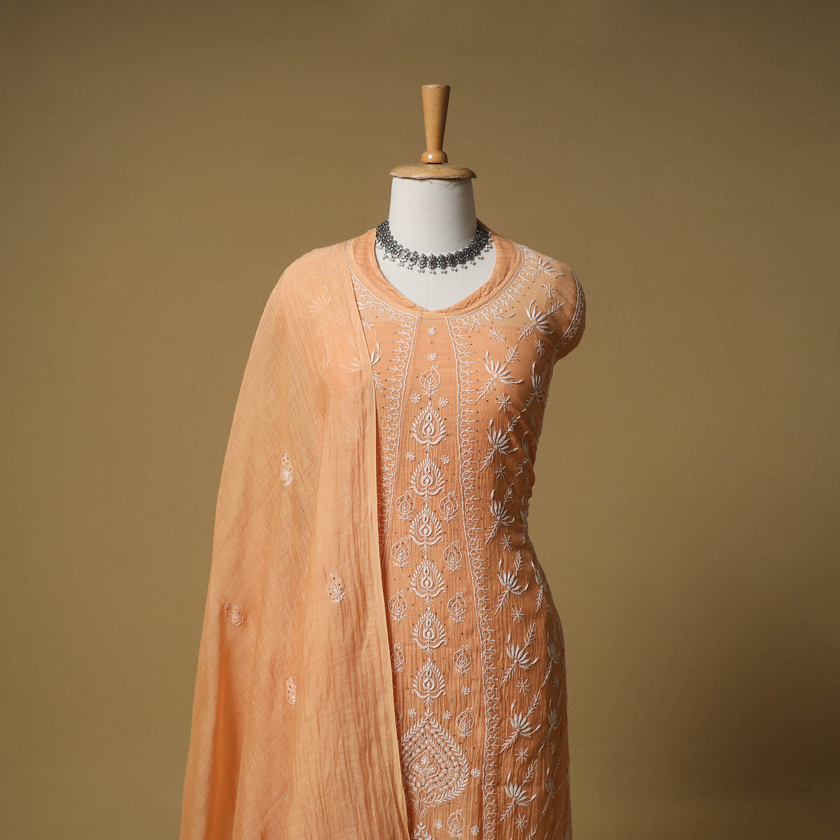 Lucknowi Chikankari Mukaish Work Mul Chanderi Semi Stitched Dress Material: Kurta with Dupatta 04