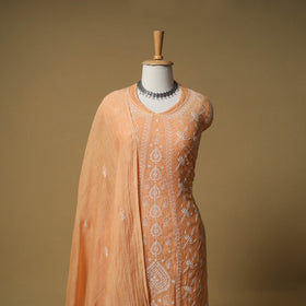 Lucknowi Chikankari Mukaish Work Mul Chanderi Semi Stitched Dress Material: Kurta with Dupatta 04