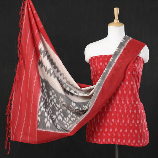 Red - 2pc Pochampally Double Ikat Handloom Mercerised Cotton Suit Material Set