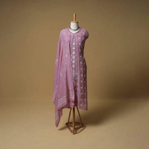 Lucknowi Chikankari Mukaish Work Mul Chanderi Semi Stitched Dress Material: Kurta with Dupatta 05