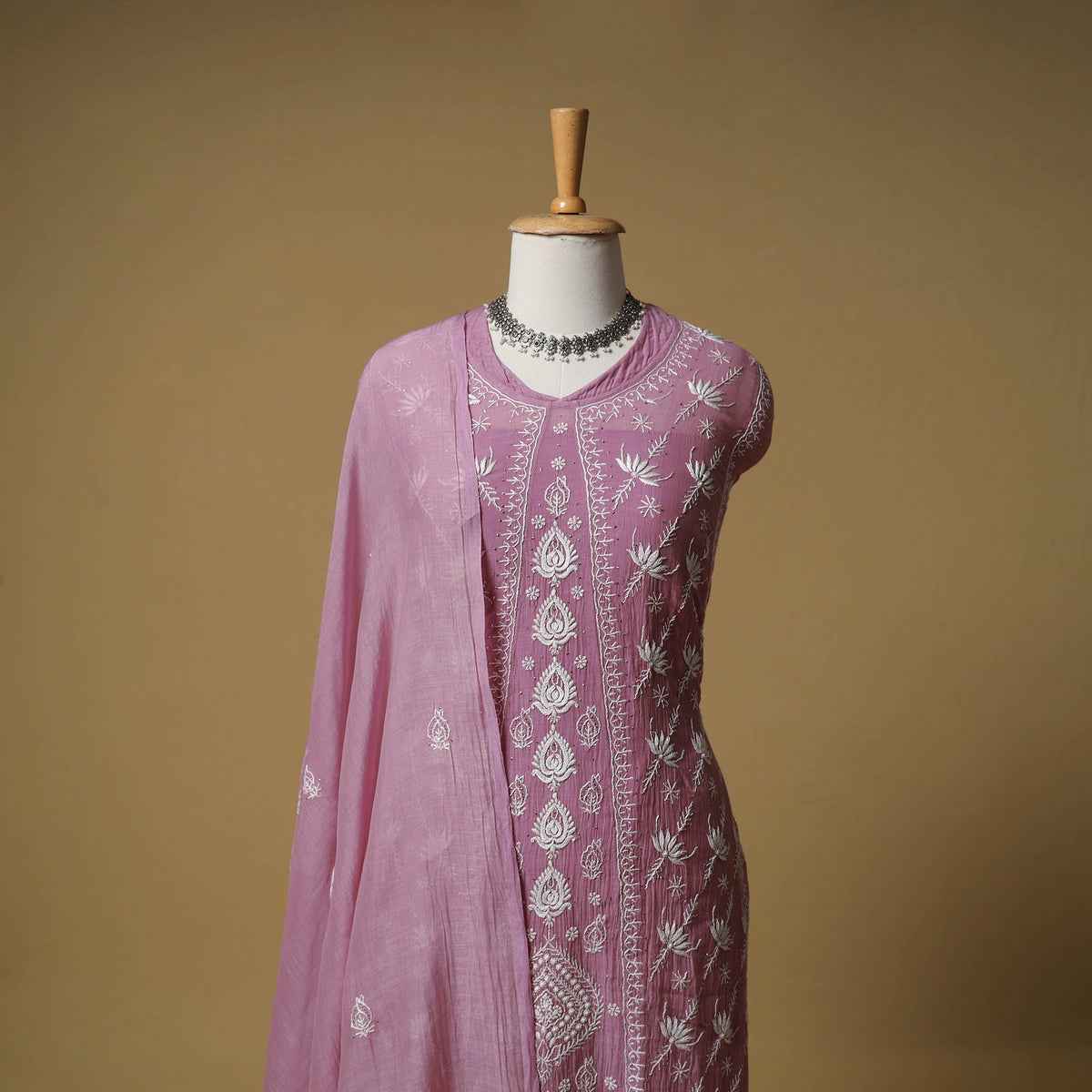 Lucknowi Chikankari Mukaish Work Mul Chanderi Semi Stitched Dress Material: Kurta with Dupatta 05