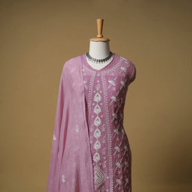 Lucknowi Chikankari Mukaish Work Mul Chanderi Semi Stitched Dress Material: Kurta with Dupatta 05
