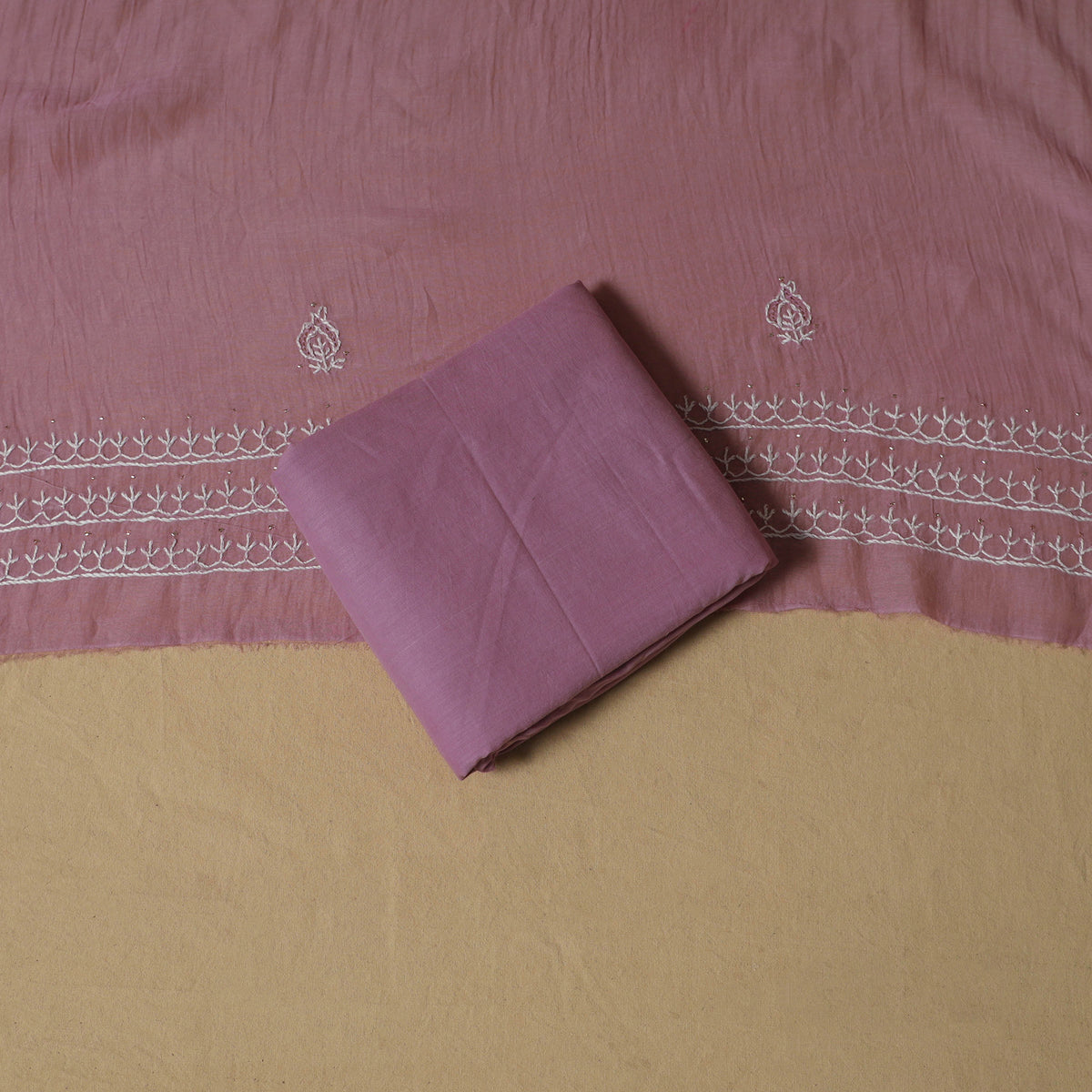 Lucknowi Chikankari Mukaish Work Mul Chanderi Semi Stitched Dress Material: Kurta with Dupatta 05