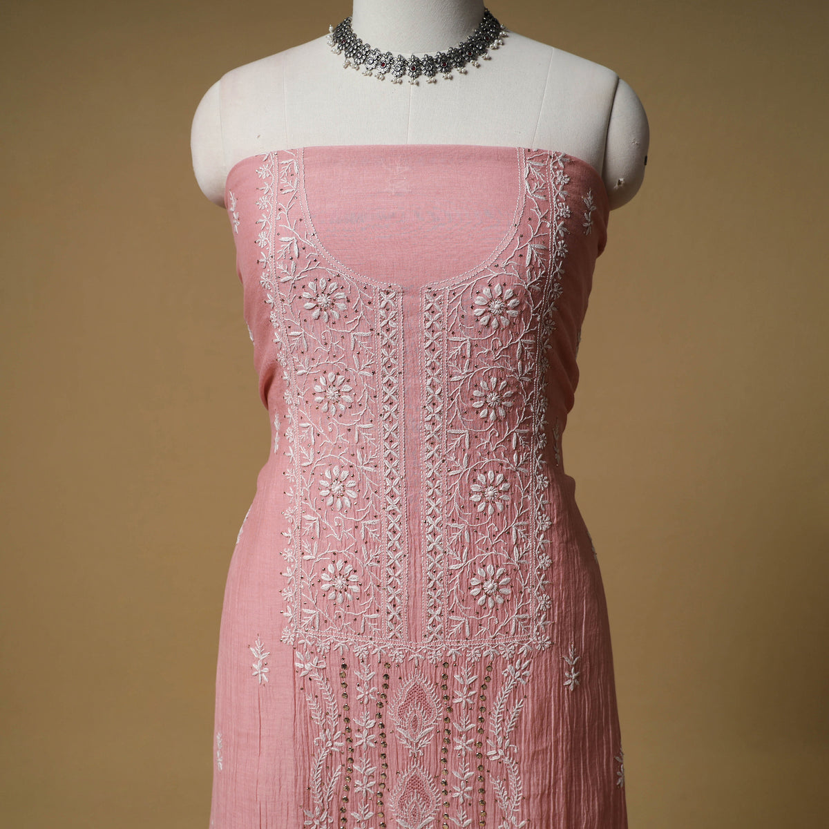 Lucknowi Chikankari Mukaish Work Mul Chanderi Semi Stitched Dress Material: Kurta with Dupatta 06