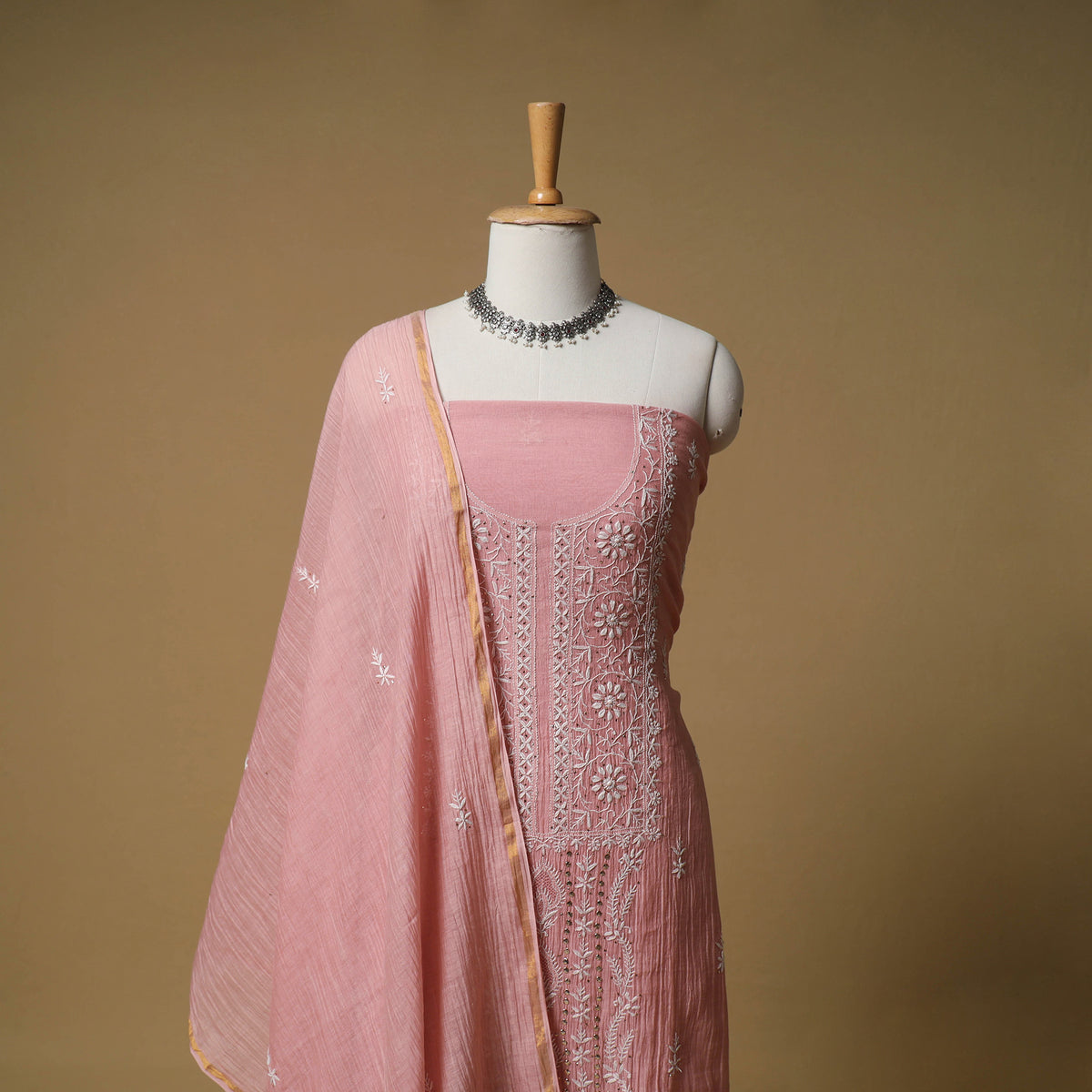 Lucknowi Chikankari Mukaish Work Mul Chanderi Semi Stitched Dress Material: Kurta with Dupatta 06