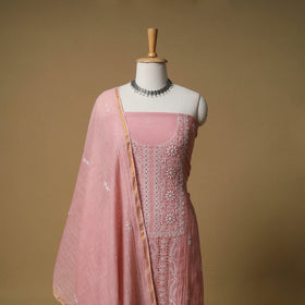 Lucknowi Chikankari Mukaish Work Mul Chanderi Semi Stitched Dress Material: Kurta with Dupatta 06
