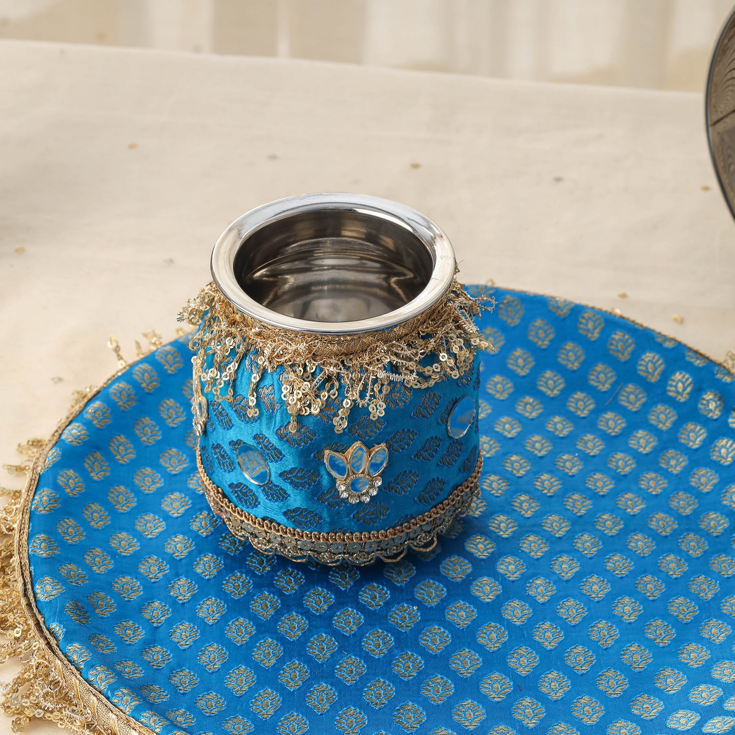 Blue mirror karwa chauth thali set 03 - handcrafted
