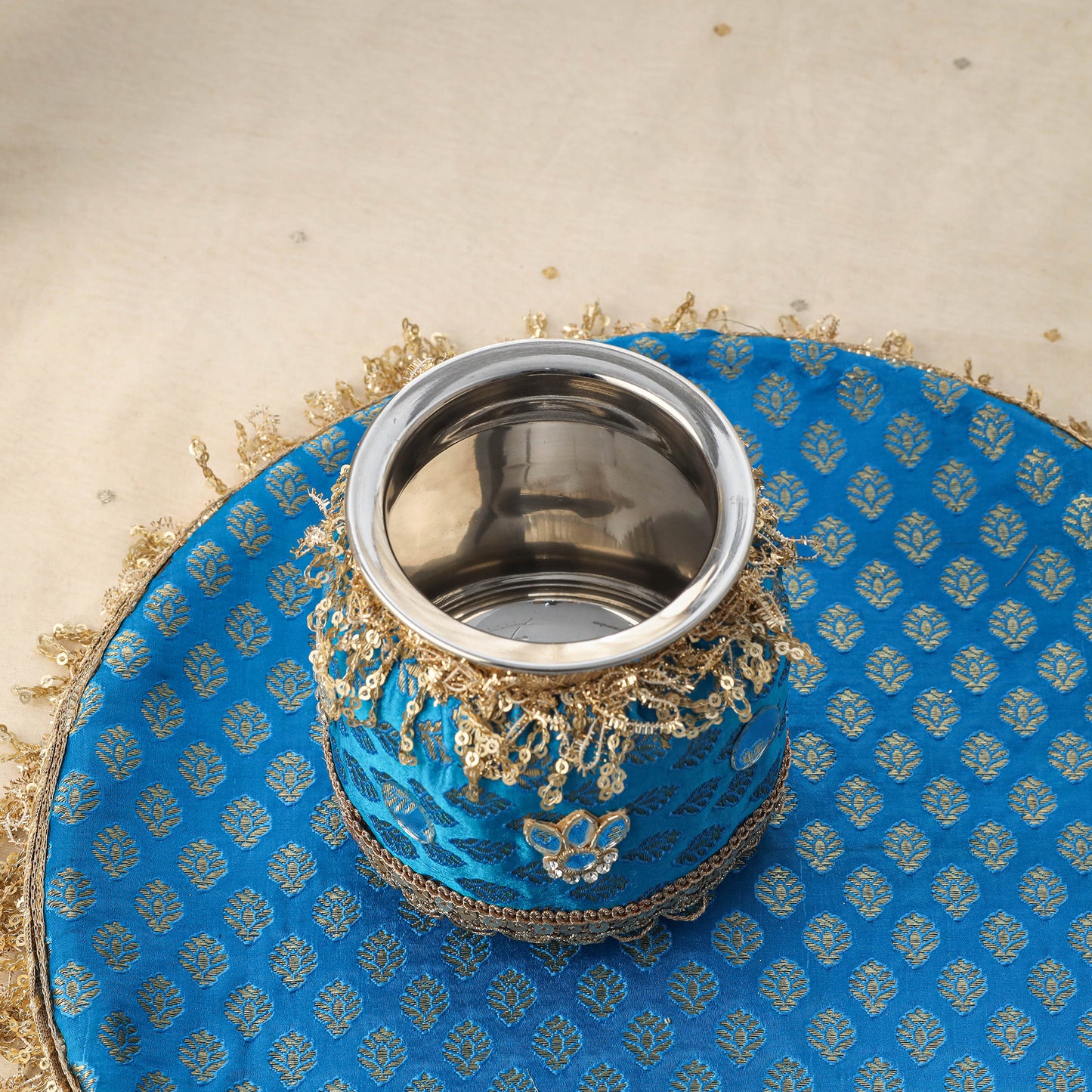 Blue mirror karwa chauth thali set 03 - handcrafted