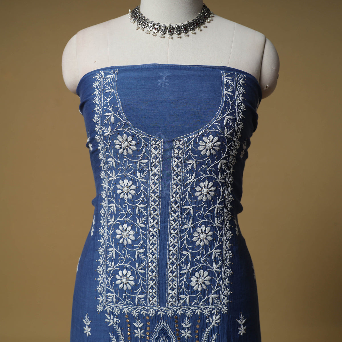 Lucknowi Chikankari Mukaish Work Mul Chanderi Semi Stitched Dress Material: Kurta with Dupatta 07