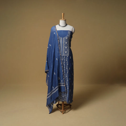 Lucknowi Chikankari Mukaish Work Mul Chanderi Semi Stitched Dress Material: Kurta with Dupatta 07