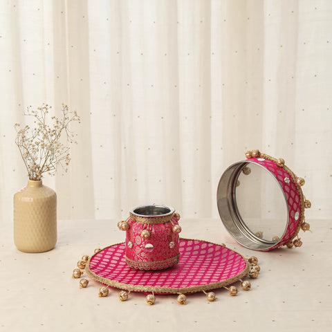 Pink mirror beads karwa chauth thali set 04 - handcrafted