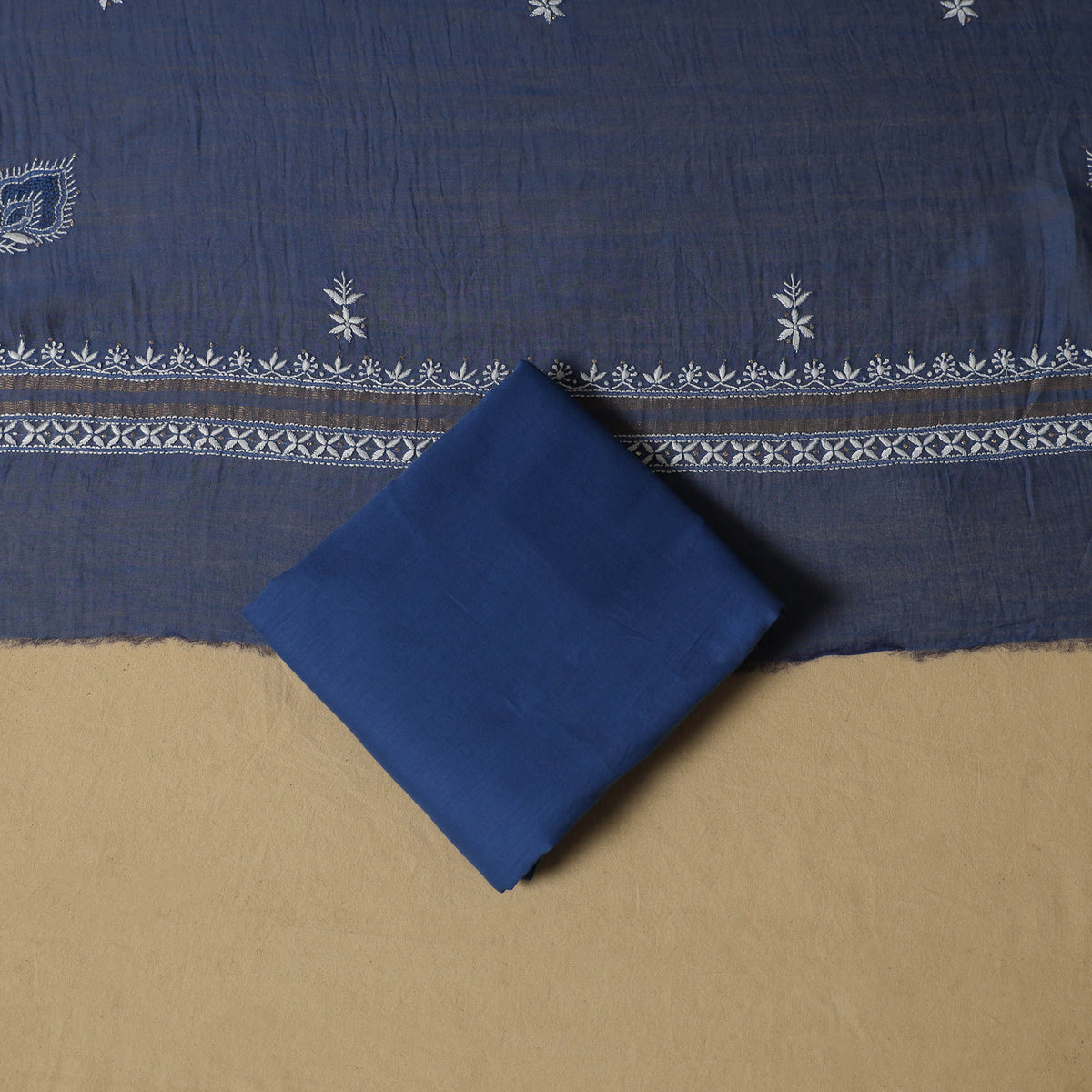 Lucknowi Chikankari Mukaish Work Mul Chanderi Semi Stitched Dress Material: Kurta with Dupatta 07