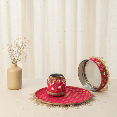Pink mirror beads karwa chauth thali set 06 - handcrafted