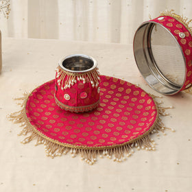 Pink mirror beads karwa chauth thali set 06 - handcrafted
