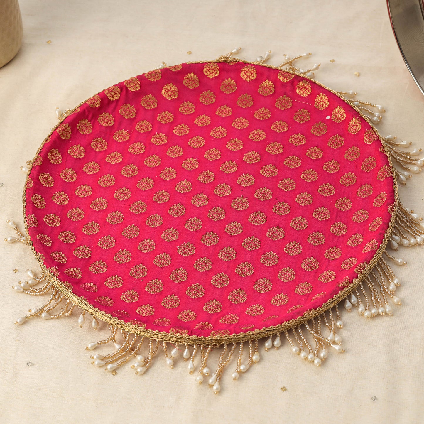 Pink mirror beads karwa chauth thali set 06 - handcrafted