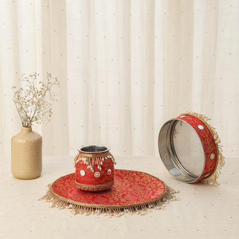 Red mirror beads karwa chauth thali set 07 - handcrafted