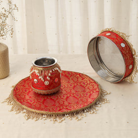 Red mirror beads karwa chauth thali set 07 - handcrafted