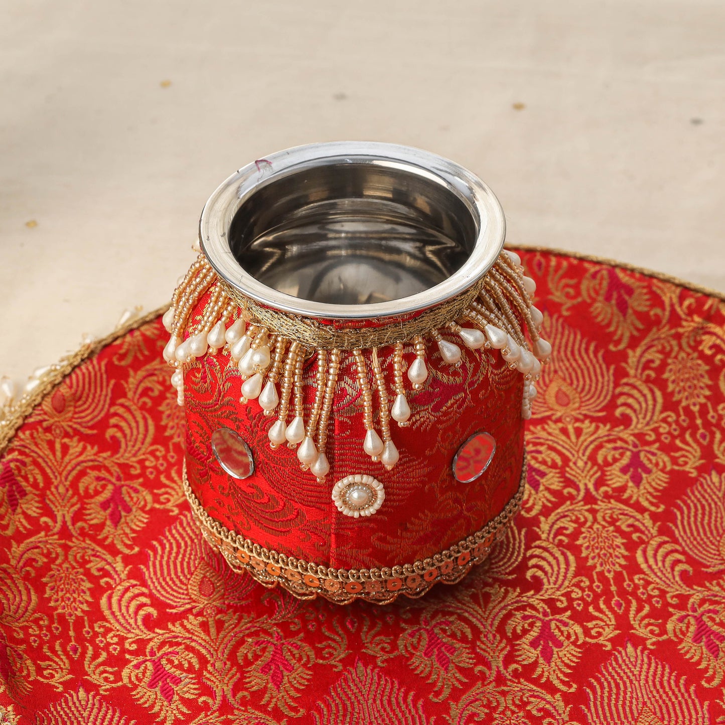 Red mirror beads karwa chauth thali set 07 - handcrafted