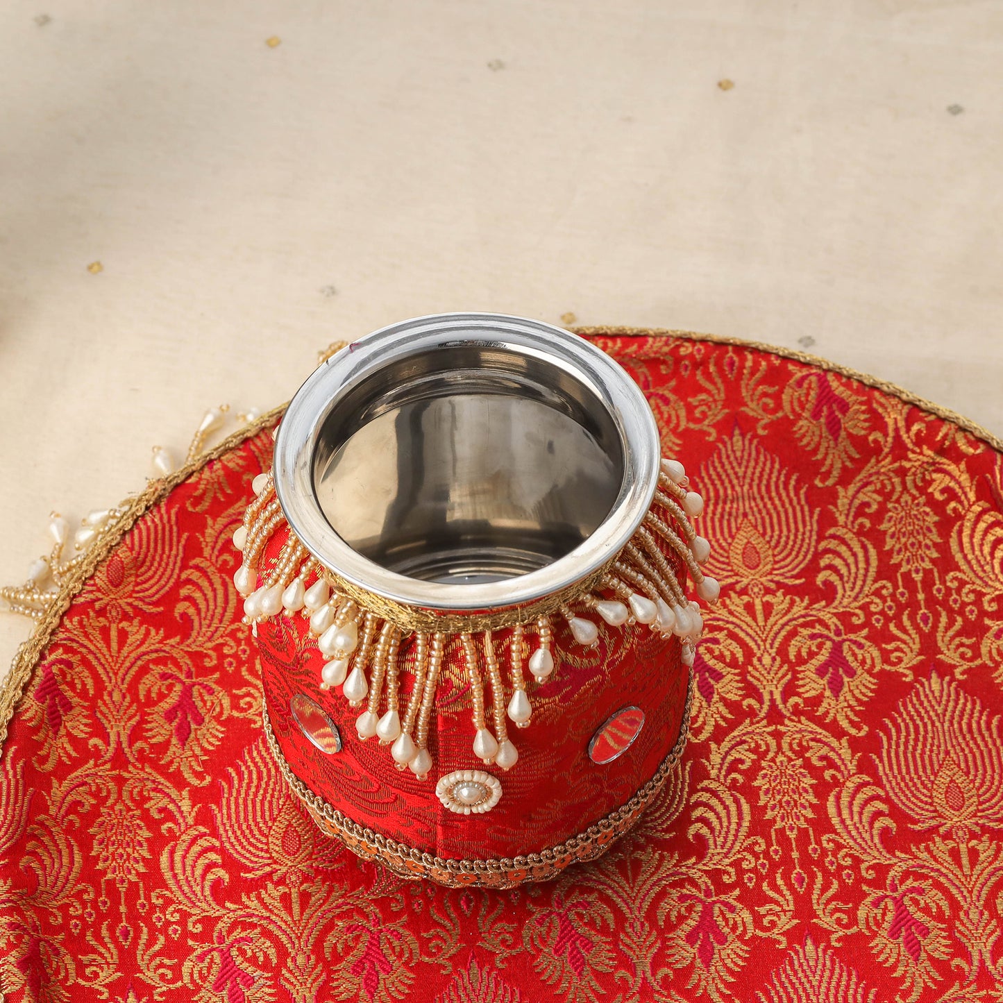 Red mirror beads karwa chauth thali set 07 - handcrafted
