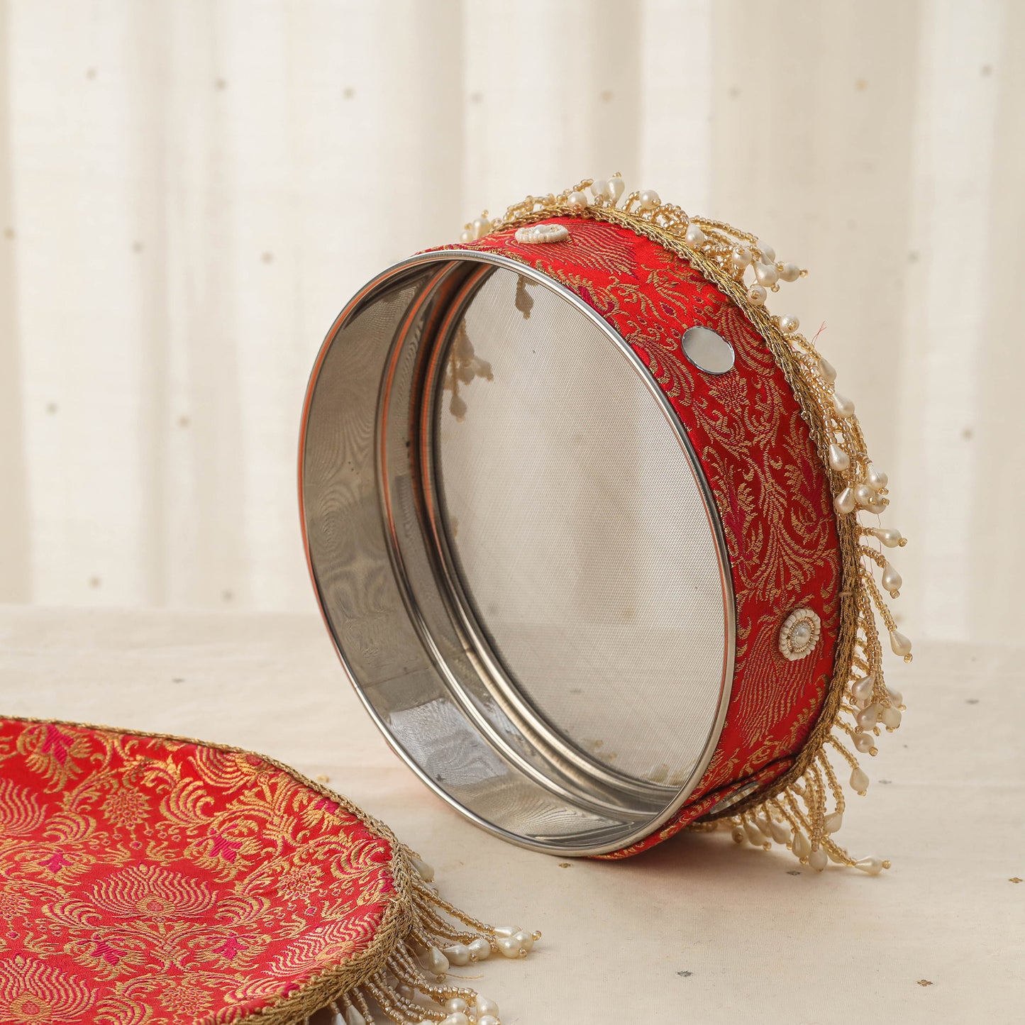 Red mirror beads karwa chauth thali set 07 - handcrafted