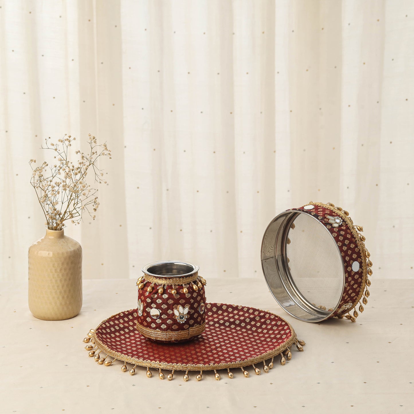 Maroon mirror beads karwa chauth thali set 08 - handcrafted