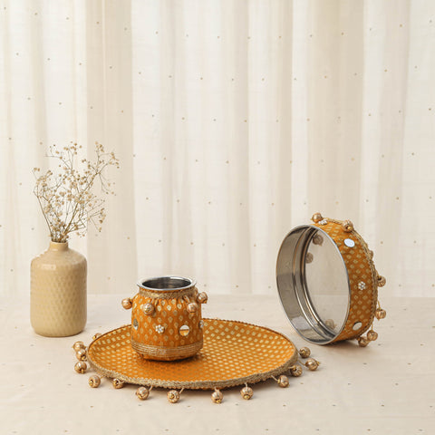 Yellow mirror beads karwa chauth thali set 10 - handcrafted