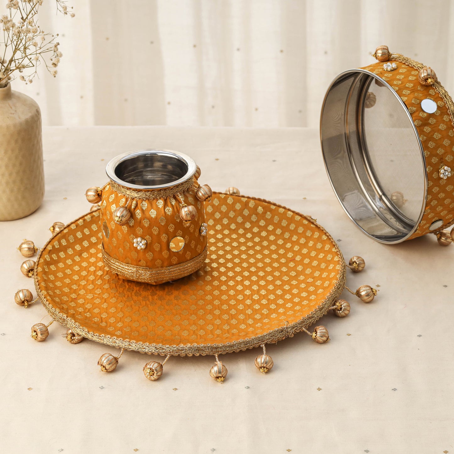 Yellow mirror beads karwa chauth thali set 10 - handcrafted