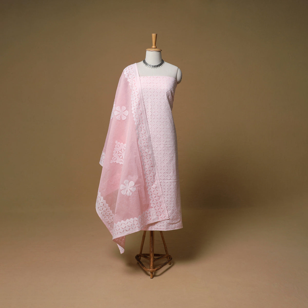 Barmer Applique Cutwork Cotton Unstitched Dress Material: Kurta, Bottom & Dupatta 03