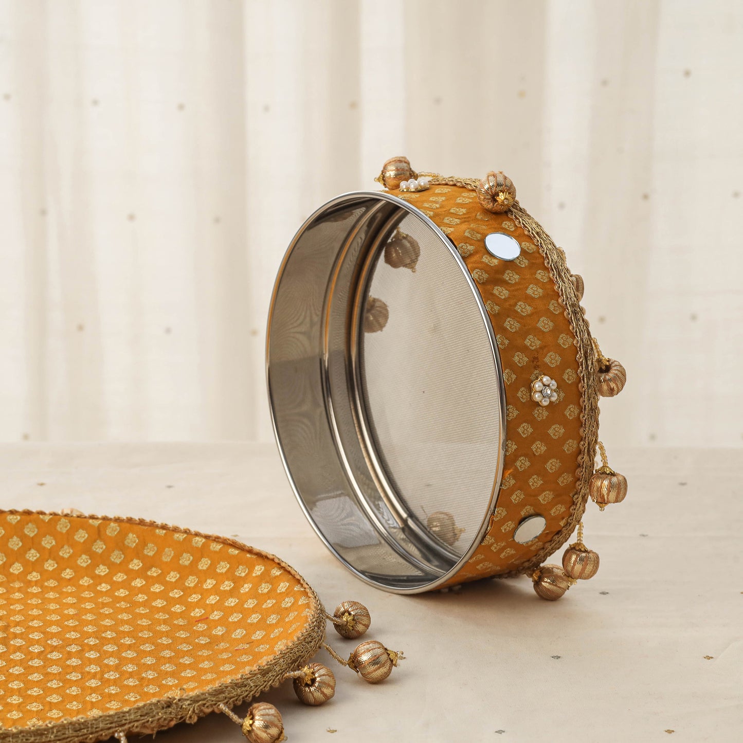Yellow mirror beads karwa chauth thali set 10 - handcrafted