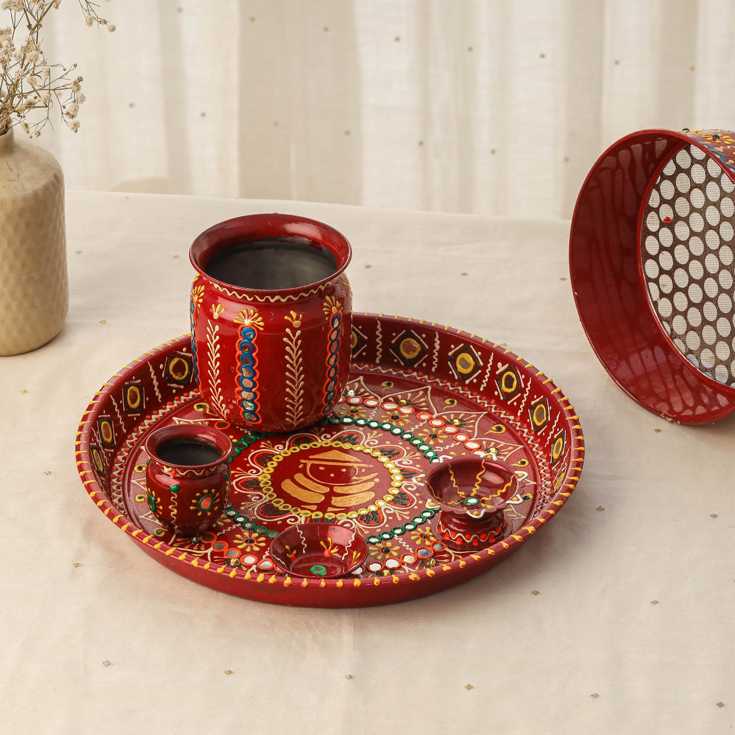 Traditional handpainted karwa chauth thali set 01