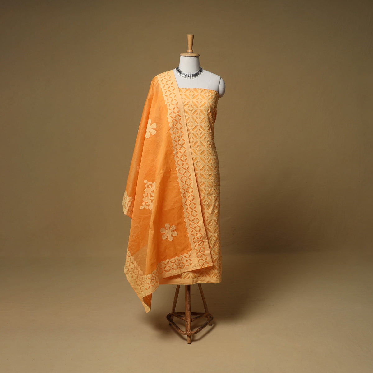 Barmer Applique Cutwork Cotton Unstitched Dress Material: Kurta, Bottom & Dupatta 07