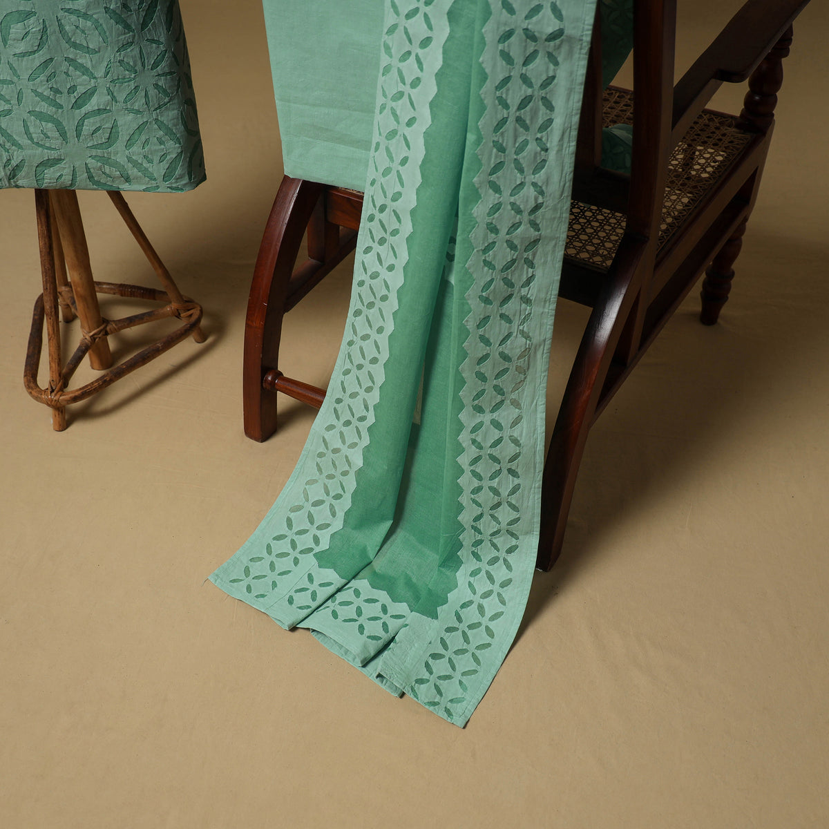 Barmer Applique Cutwork Cotton Unstitched Dress Material: Kurta, Bottom & Dupatta 09