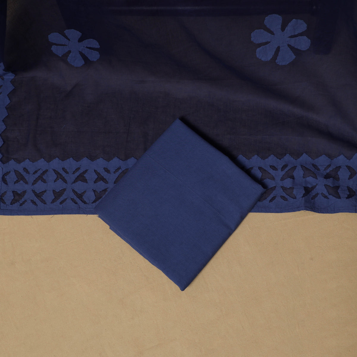Barmer Applique Cutwork Cotton Unstitched Dress Material: Kurta, Bottom & Dupatta 10