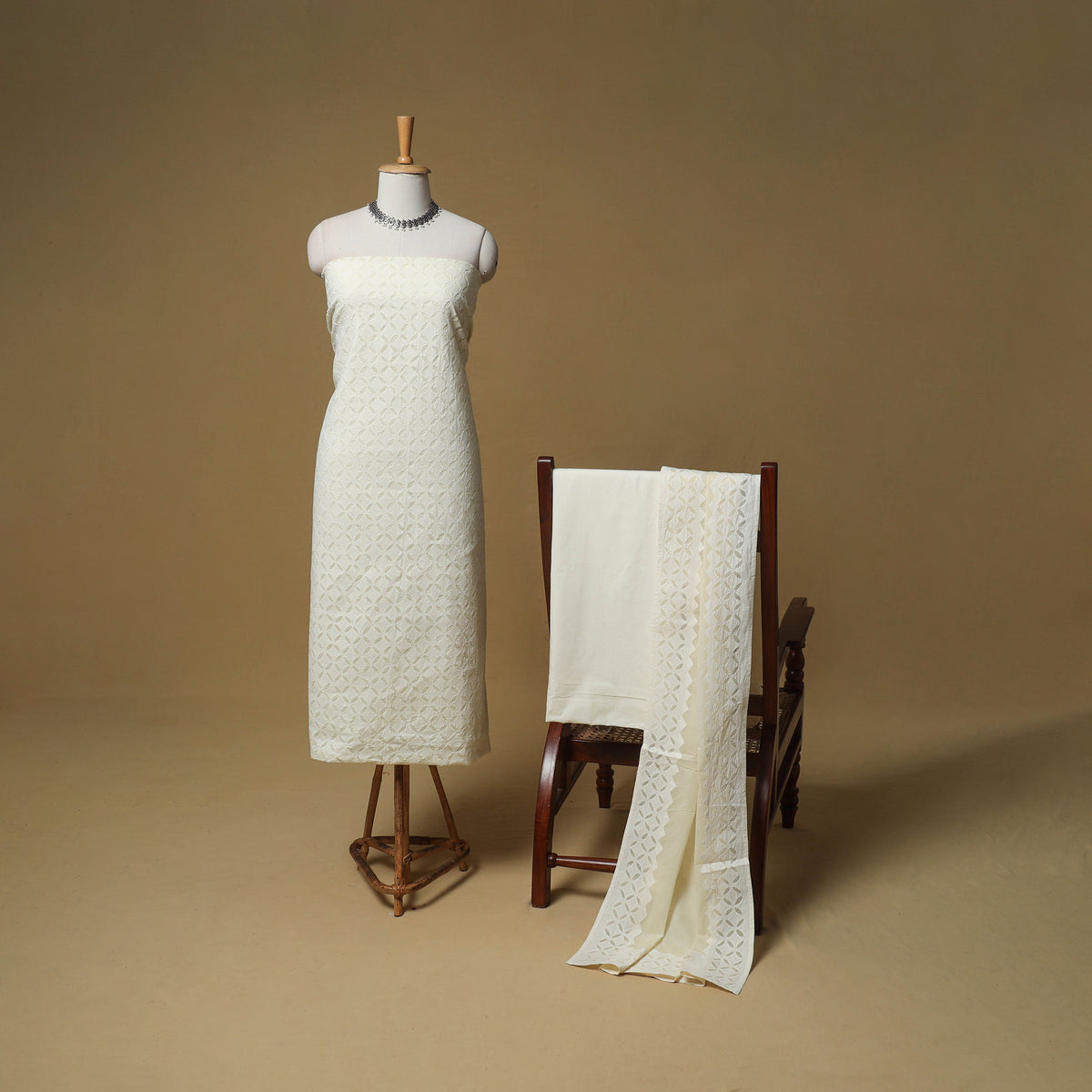 Barmer Applique Cutwork Cotton Unstitched Dress Material: Kurta, Bottom & Dupatta 13