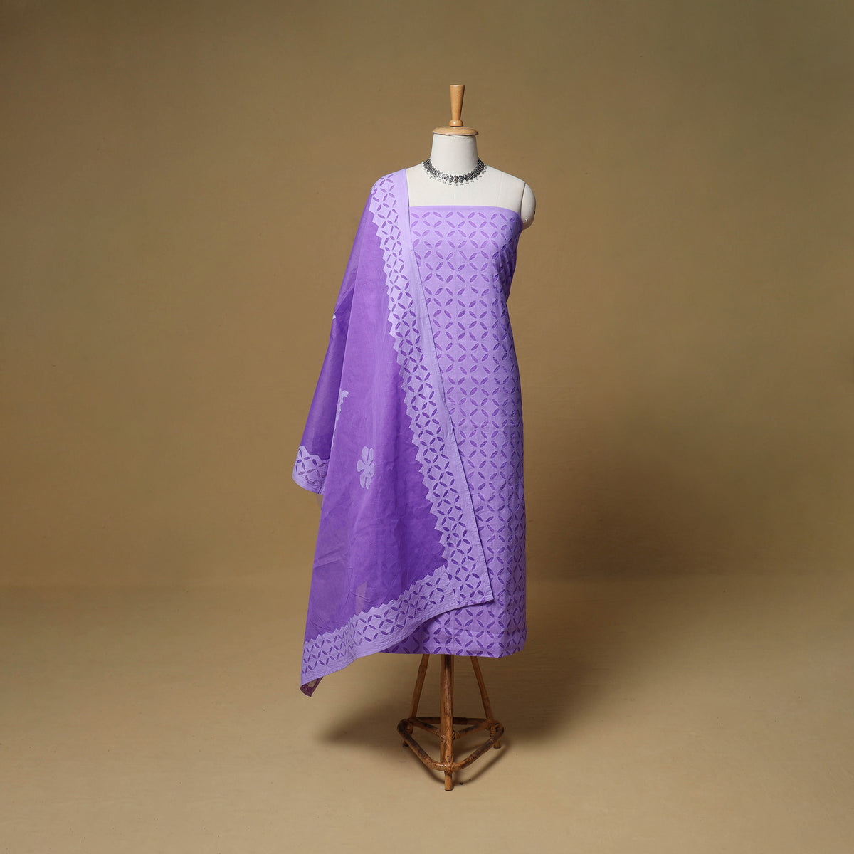Barmer Applique Cutwork Cotton Unstitched Dress Material: Kurta, Bottom & Dupatta 14