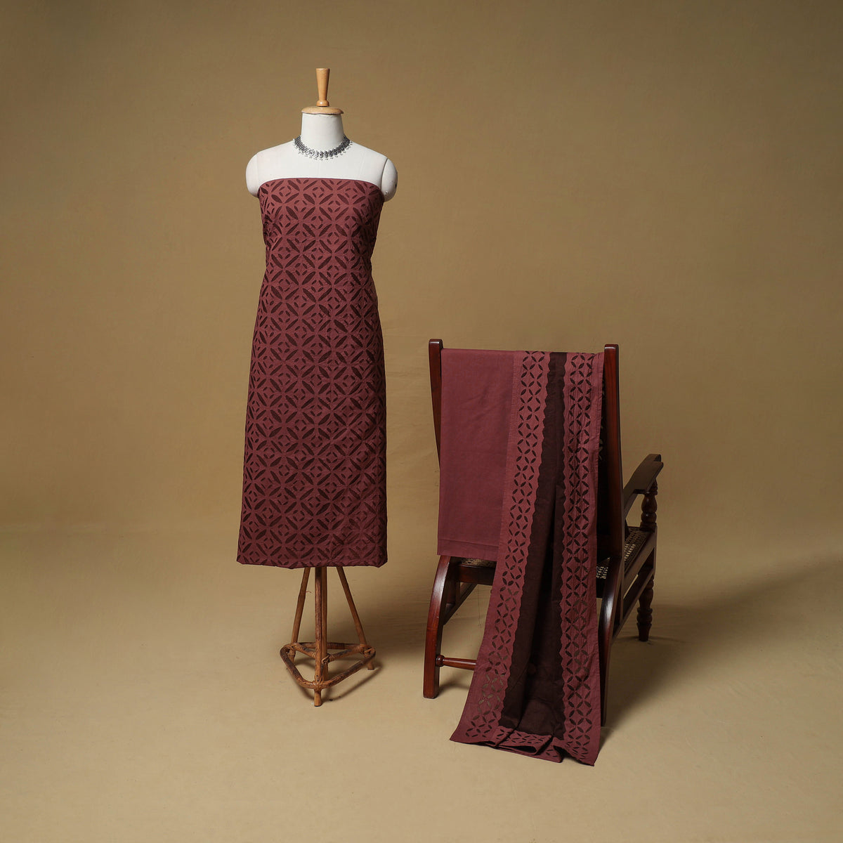 Barmer Applique Cutwork Cotton Unstitched Dress Material: Kurta, Bottom & Dupatta 17