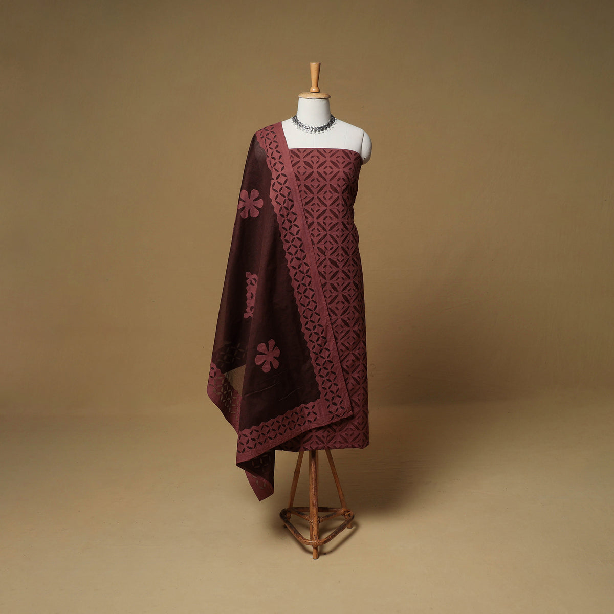 Barmer Applique Cutwork Cotton Unstitched Dress Material: Kurta, Bottom & Dupatta 17