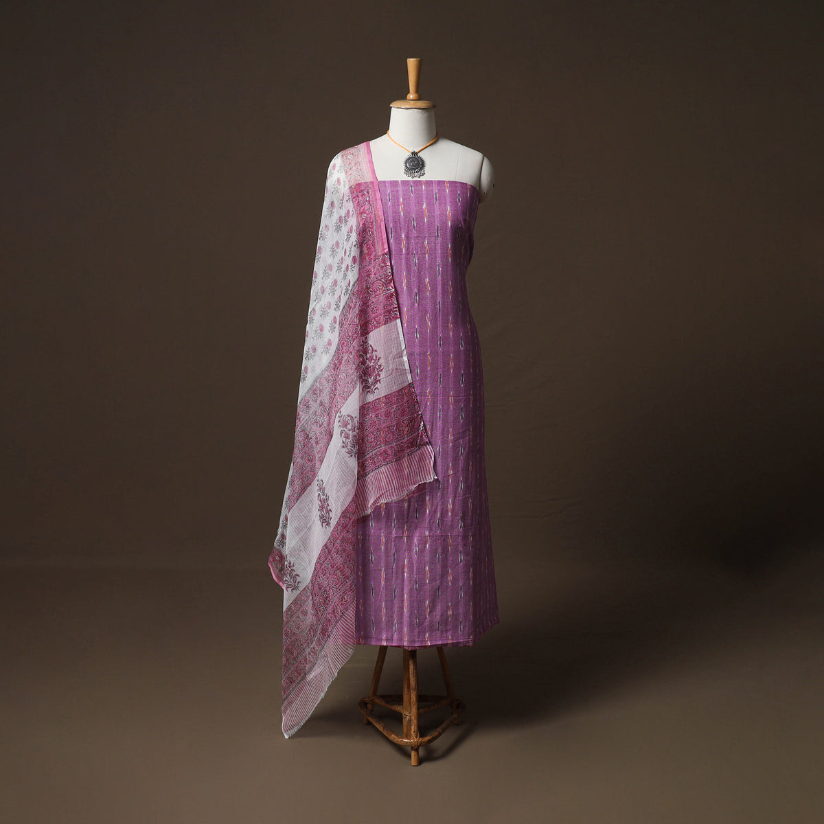 Pochampally Ikat Cotton Unstitched Dress Material: Kurta & Dupatta with Jewellery 01