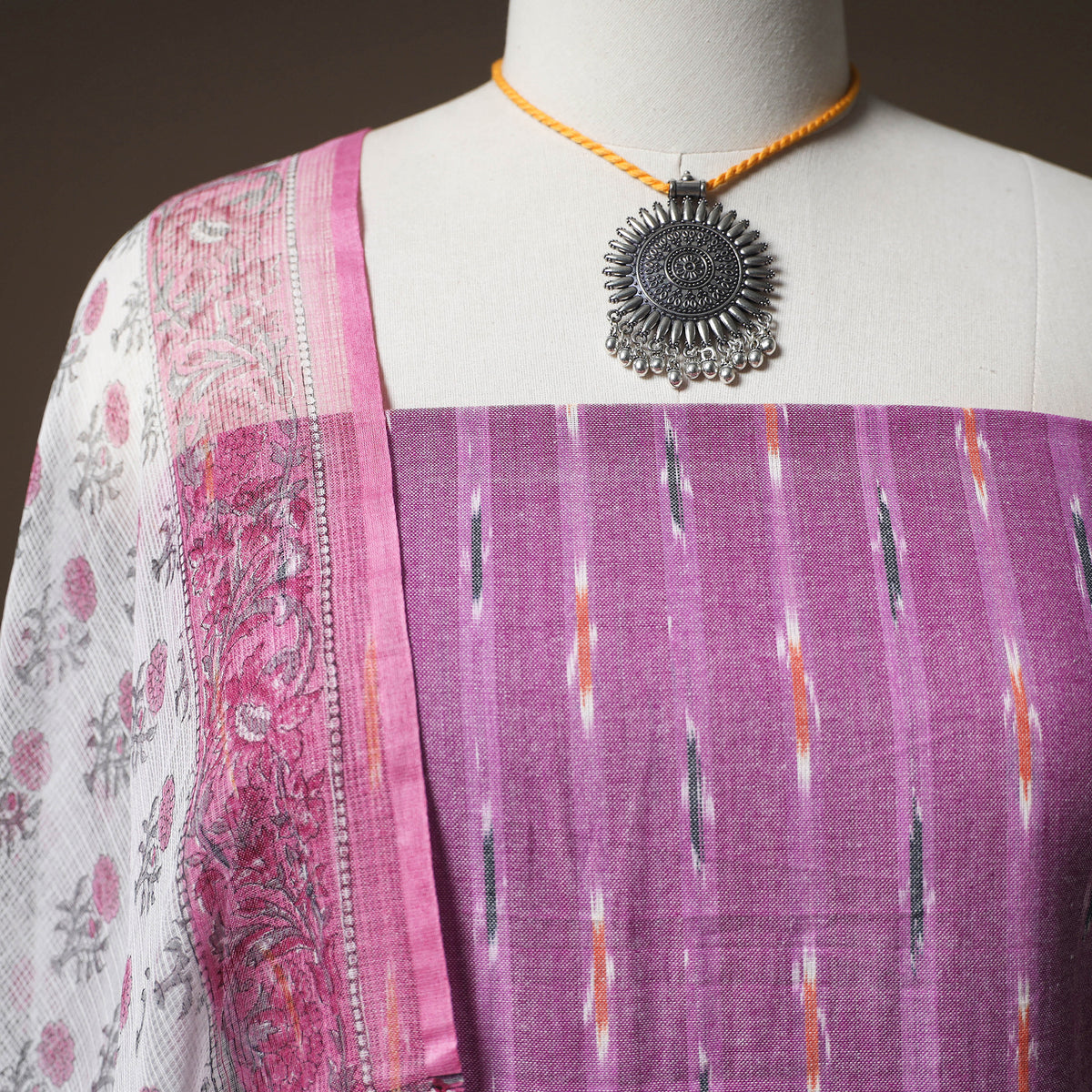 Pochampally Ikat Cotton Unstitched Dress Material: Kurta & Dupatta with Jewellery 01
