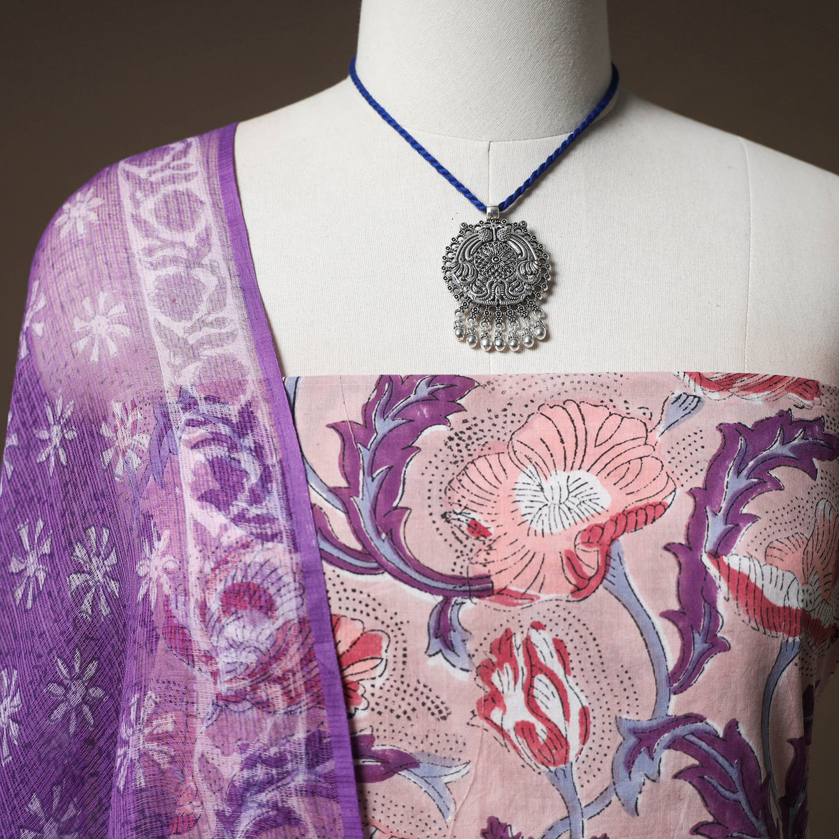 Sanganeri Block Print Cotton Unstitched Dress Material: Kurta & Dupatta with Jewellery 04