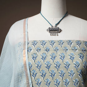 Sanganeri Block Print Cotton Unstitched Dress Material: Kurta & Dupatta with Jewellery 06