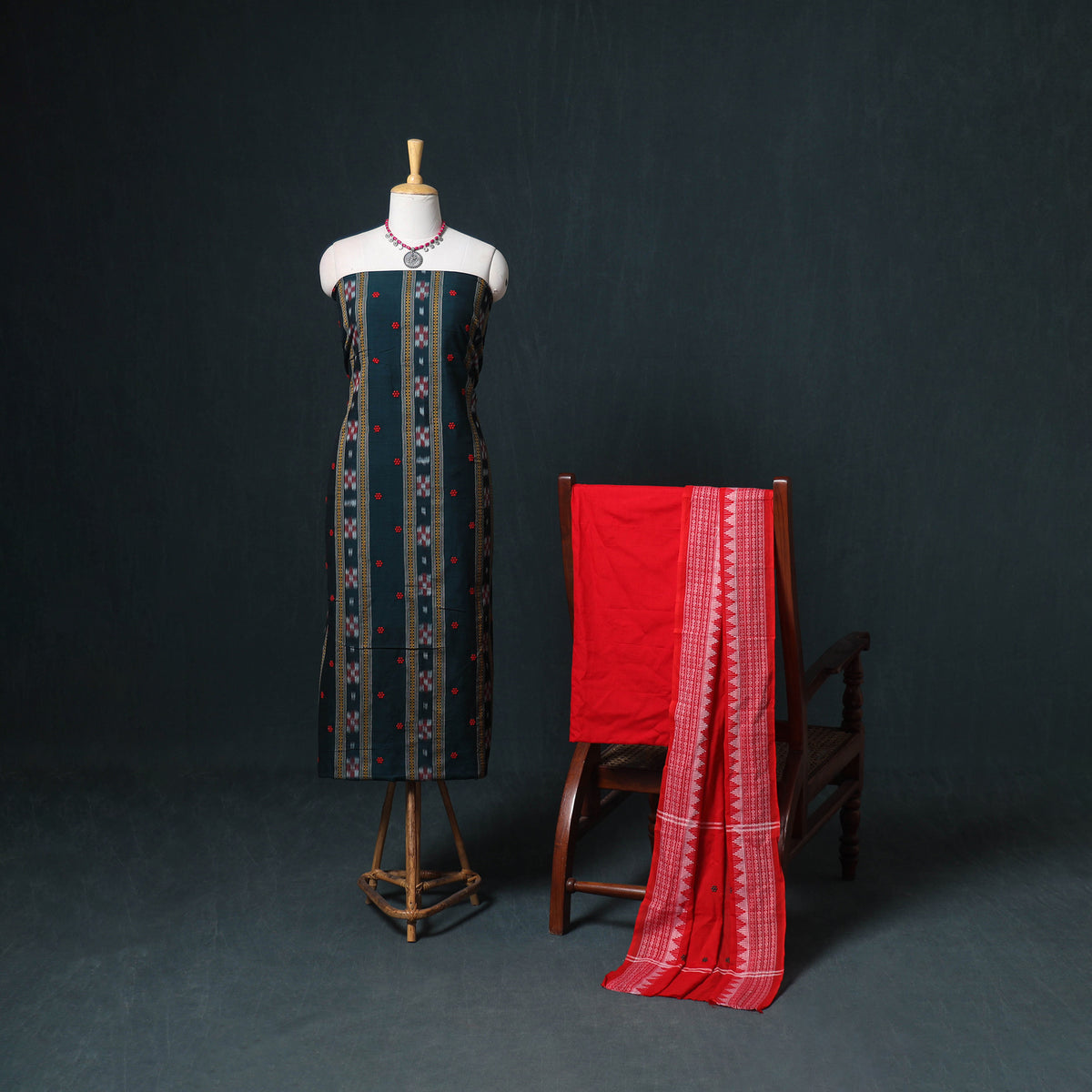 Sambalpuri Ikat Cotton Unstitched Dress Material: Kurta, Bottom with Dupatta 06