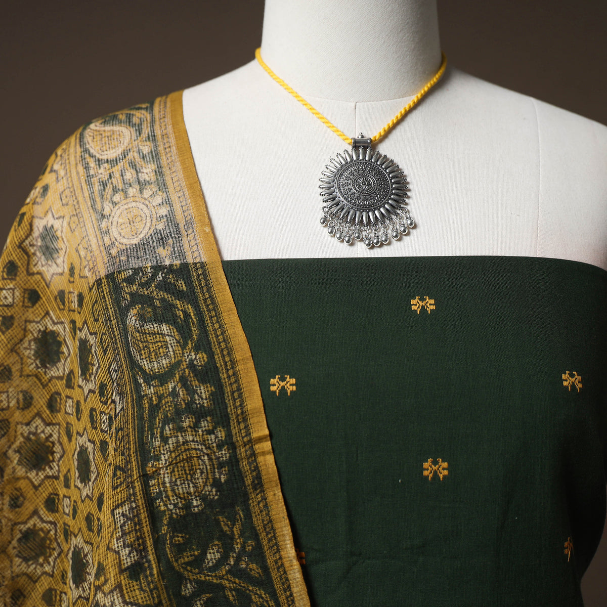 Jacquard Cotton Unstitched Dress Material: Kurta & Dupatta with Jewellery 09