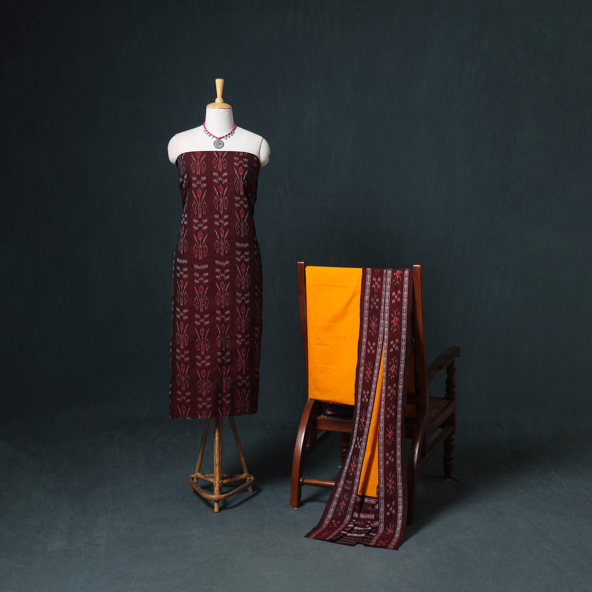 Sambalpuri Ikat Cotton Unstitched Dress Material: Kurta, Bottom with Dupatta 01