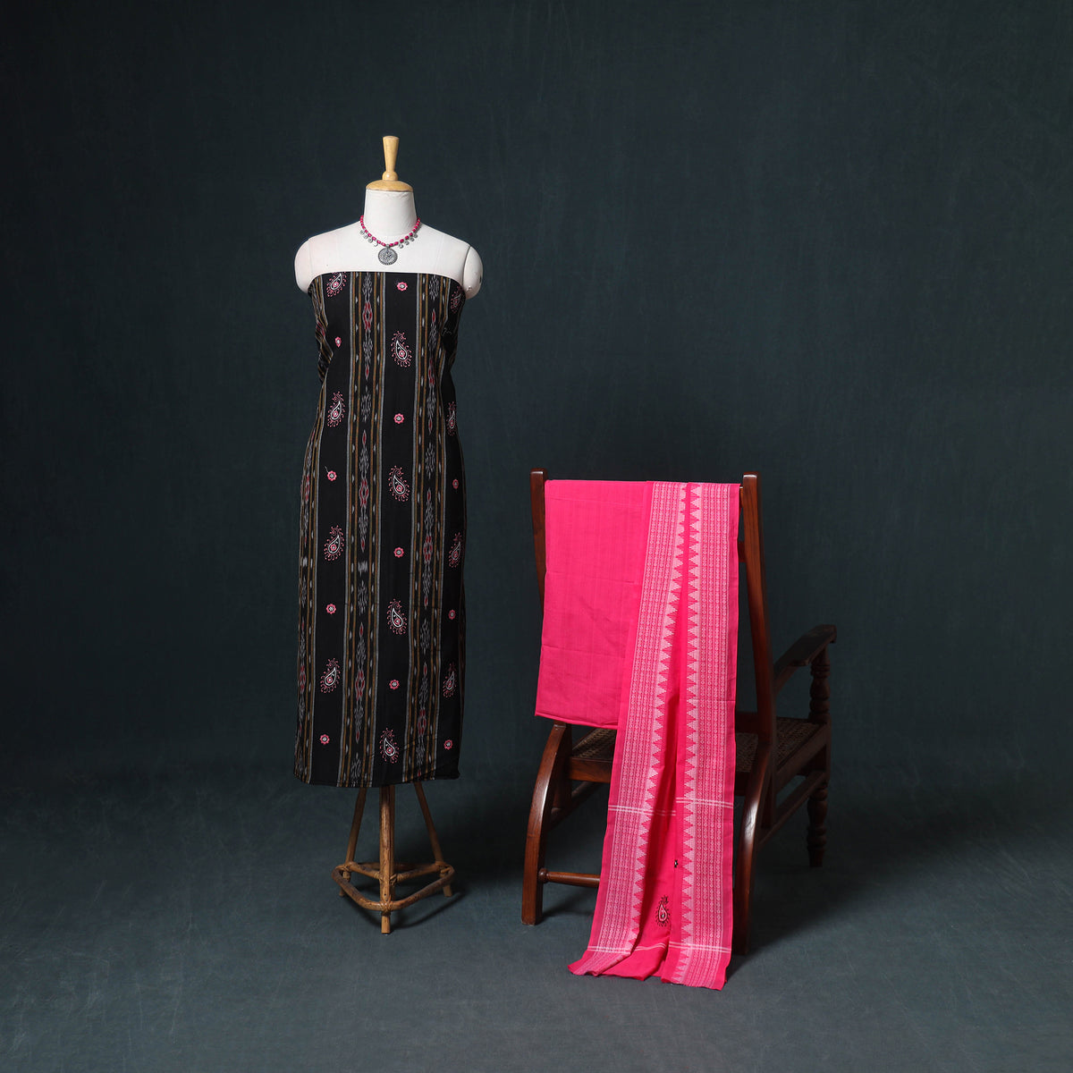 Sambalpuri Ikat Cotton Unstitched Dress Material: Kurta, Bottom with Dupatta 02