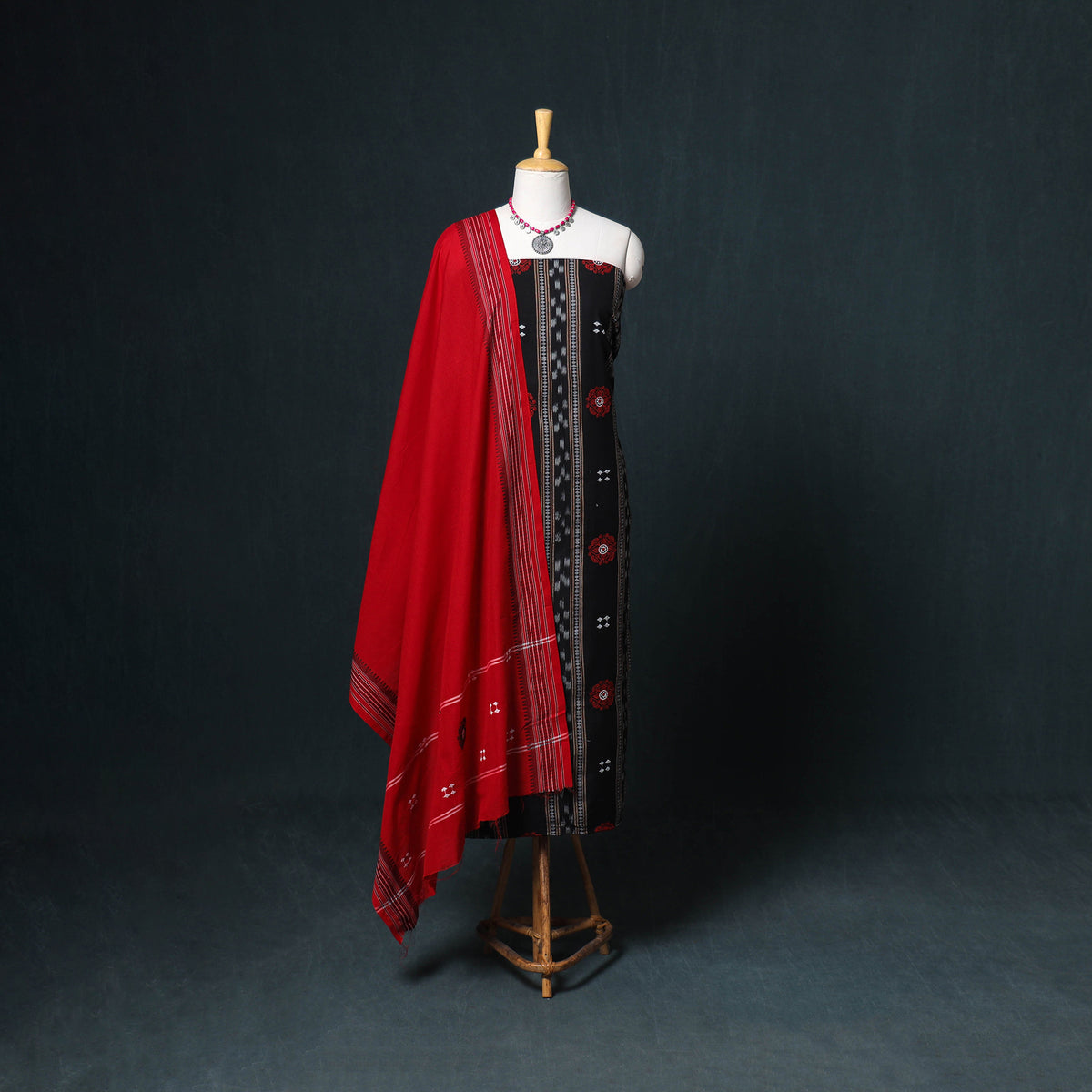 Sambalpuri Ikat Cotton Unstitched Dress Material: Kurta, Bottom with Dupatta 03